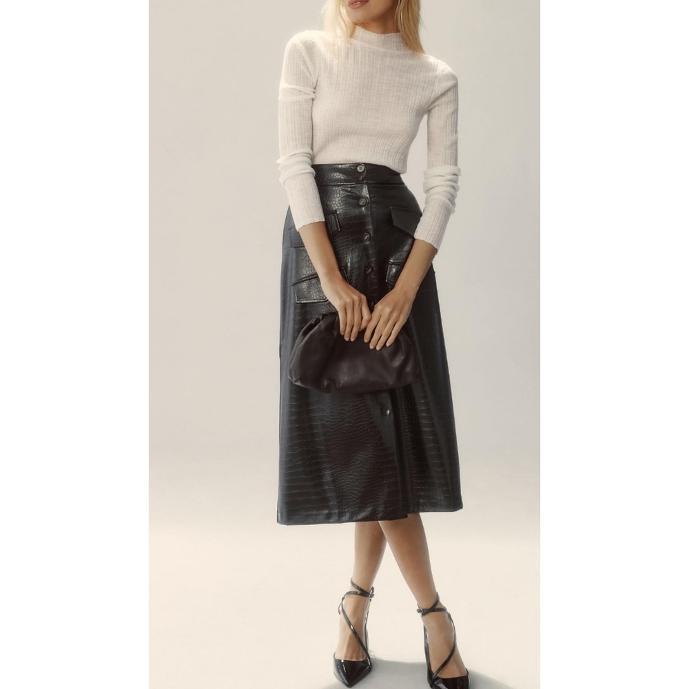 Anthropologie Mare Mare Black Faux Leather Button Front Midi Skirt - Picture 1 of 6